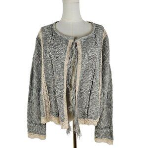 Mary McFadden Open Front Cardigan Large Boho Fringe Lace Tweed Gray